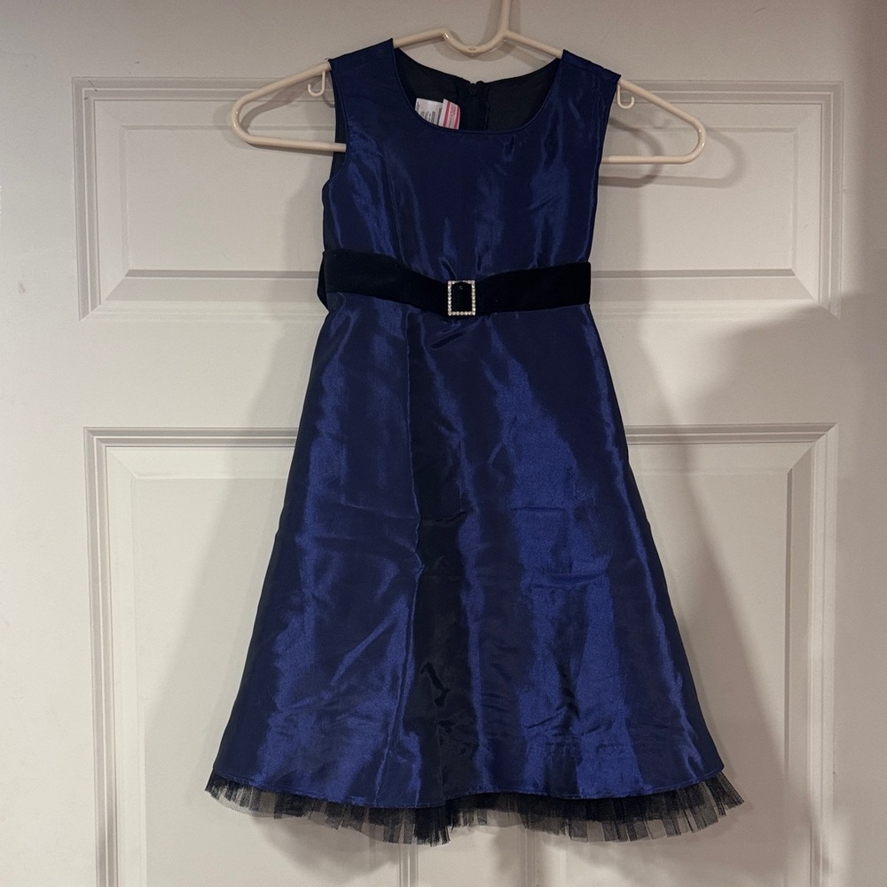 Elegant Blue Kids Dress with Velvet Belt - Rosenau